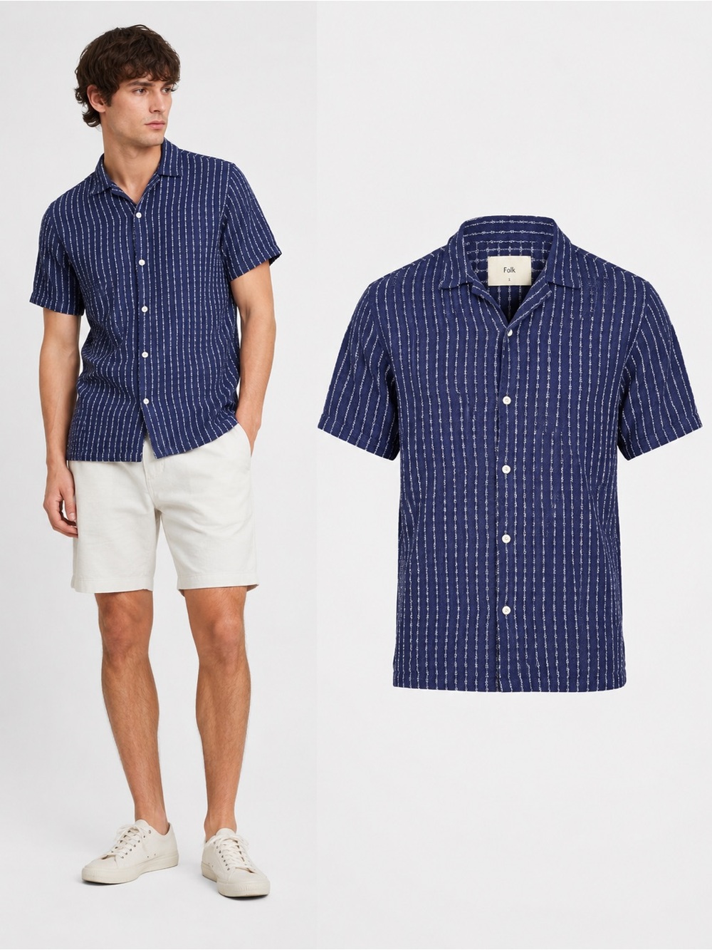 Folk | Blue White Striped Linen Blend Short Sleeve | Button Up Shirt | Small